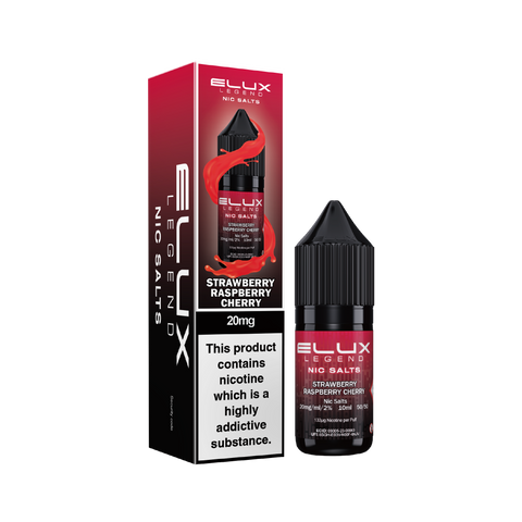 Black e-liquid bottle and carton labeled 'Strawberry Raspberry Cherry - 20mg' by Elux Legend.