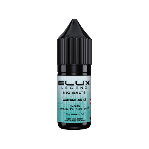Black e-liquid bottle labeled 'Watermelon Ice - 10mg' by Elux Legend.