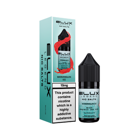 Black e-liquid bottle and carton labeled 'Watermelon Ice - 10mg' by Elux Legend.