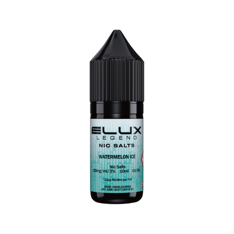 Black e-liquid bottle labeled 'Watermelon Ice - 20mg' by Elux Legend.