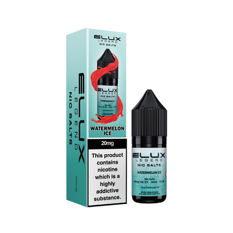 Black e-liquid bottle and carton labeled 'Watermelon Ice - 20mg' by Elux Legend.