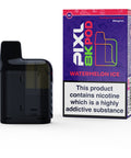 A black vape pod with a purple carton labeled ‘Watermelon Ice’ by Pixl 8000.