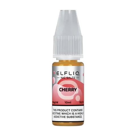 White e-liquid bottle labeled 'Cherry- 20mg' by Elfbar Elfliq.