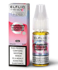 White e-liquid bottle and carton labeled 'Strawberry Raspberry Cherry Ice- 10mg' by Elfbar Elfliq.