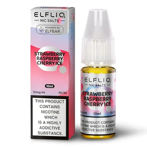 White e-liquid bottle and carton labeled 'Strawberry Raspberry Cherry Ice- 10mg' by Elfbar Elfliq.