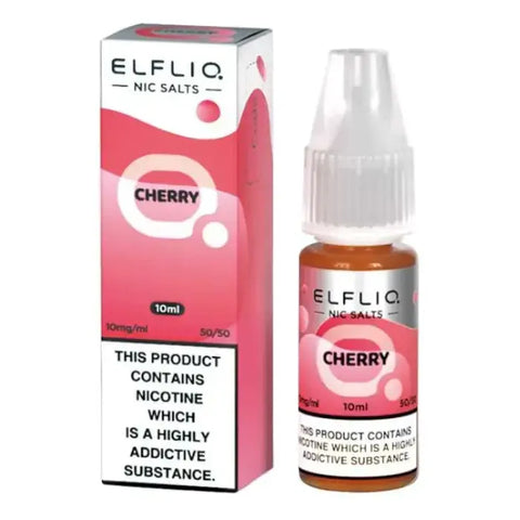 White e-liquid bottle and carton labeled 'Cherry- 10mg' by Elfbar Elfliq.