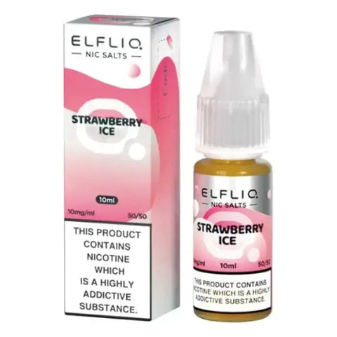 White e-liquid bottle and carton labeled 'Strawberry Ice- 10mg' by Elfbar Elfliq.