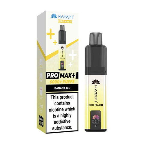 A yellow and white vape device with a same colour carton labeled 'Banana Ice' by Hayati Pro Max+ 6000.