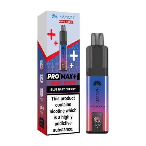 A blue and red vape device with a same colour carton labeled 'Blue Razz Cherry' by Hayati Pro Max+ 6000.