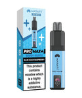 A blue vape device with a same colour carton labeled 'Blue Sour Raspberry' by Hayati Pro Max+ 6000.