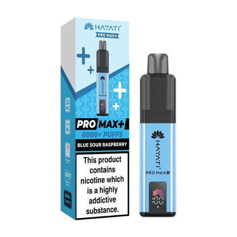 A blue vape device with a same colour carton labeled 'Blue Sour Raspberry' by Hayati Pro Max+ 6000.