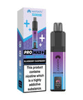 A purple and blue vape device with a same colour carton labeled 'Blueberry Raspberry' by Hayati Pro Max+ 6000.