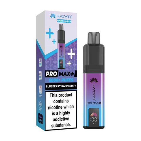 A purple and blue vape device with a same colour carton labeled 'Blueberry Raspberry' by Hayati Pro Max+ 6000.