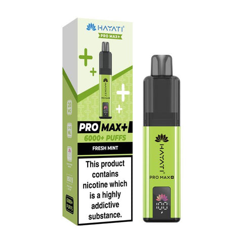 A green vape device with a same colour carton labeled 'Fresh Mint' by Hayati Pro Max+ 6000.