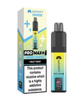 A yellow and blue vape device with a same colour carton labeled 'Fruit Twist' by Hayati Pro Max+ 6000.