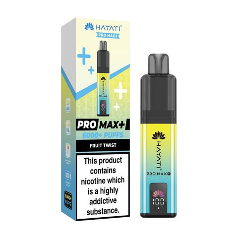 A yellow and blue vape device with a same colour carton labeled 'Fruit Twist' by Hayati Pro Max+ 6000.