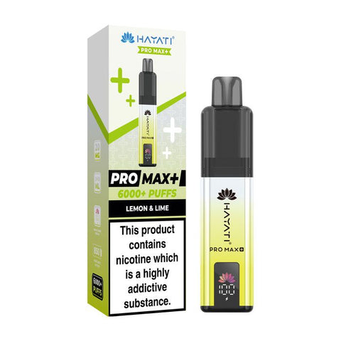 A yellow and white vape device with a same colour carton labeled 'Lemon & Lime' by Hayati Pro Max+ 6000.