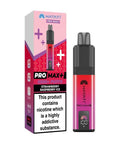 A red and purple vape device with a same colour carton labeled 'Strawberry Raspberry Ice' by Hayati Pro Max+ 6000.
