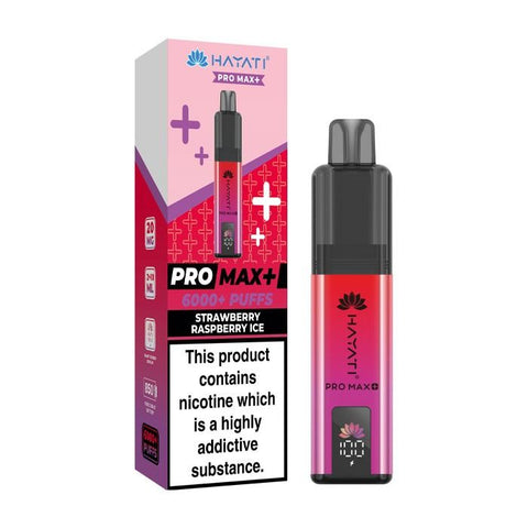 A red and purple vape device with a same colour carton labeled 'Strawberry Raspberry Ice' by Hayati Pro Max+ 6000.