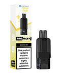 Black vape pod with a yellow carton labeled 'Banana Ice' by Hayati Pro Max+ 6000.