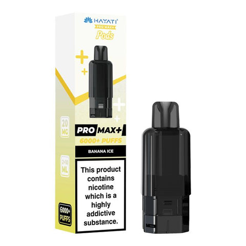 Black vape pod with a yellow carton labeled 'Banana Ice' by Hayati Pro Max+ 6000.