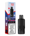 Black vape pod with a red and blue carton labeled 'Blue Razz Cherry' by Hayati Pro Max+ 6000.