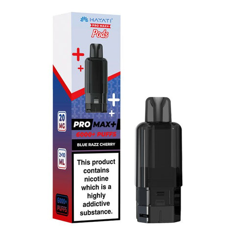 Black vape pod with a red and blue carton labeled 'Blue Razz Cherry' by Hayati Pro Max+ 6000.
