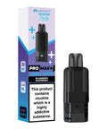 Black vape pod with a blue and purple carton labeled 'Blueberry Raspberry' by Hayati Pro Max+ 6000.