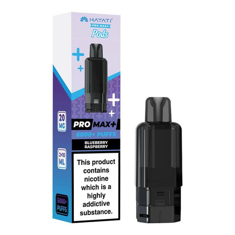 Black vape pod with a blue and purple carton labeled 'Blueberry Raspberry' by Hayati Pro Max+ 6000.