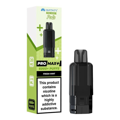 Black vape pod with a green carton labeled 'Fresh Mint' by Hayati Pro Max+ 6000.