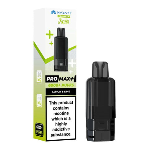 Black vape pod with a lime green carton labeled 'Lemon & Lime' by Hayati Pro Max+ 6000.