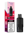 Black vape pod with a red and purple carton labeled 'Strawberry Raspberry Ice' by Hayati Pro Max+ 6000.