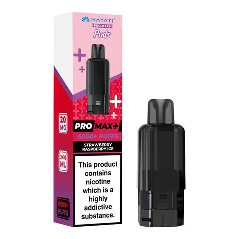 Black vape pod with a red and purple carton labeled 'Strawberry Raspberry Ice' by Hayati Pro Max+ 6000.