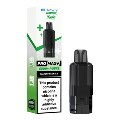 Black vape pod with a green and white carton labeled 'Watermelon Ice' by Hayati Pro Max+ 6000.