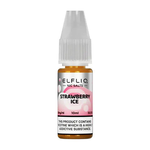 White e-liquid bottle labeled 'Strawberry Ice- 20mg' by Elfbar Elfliq.